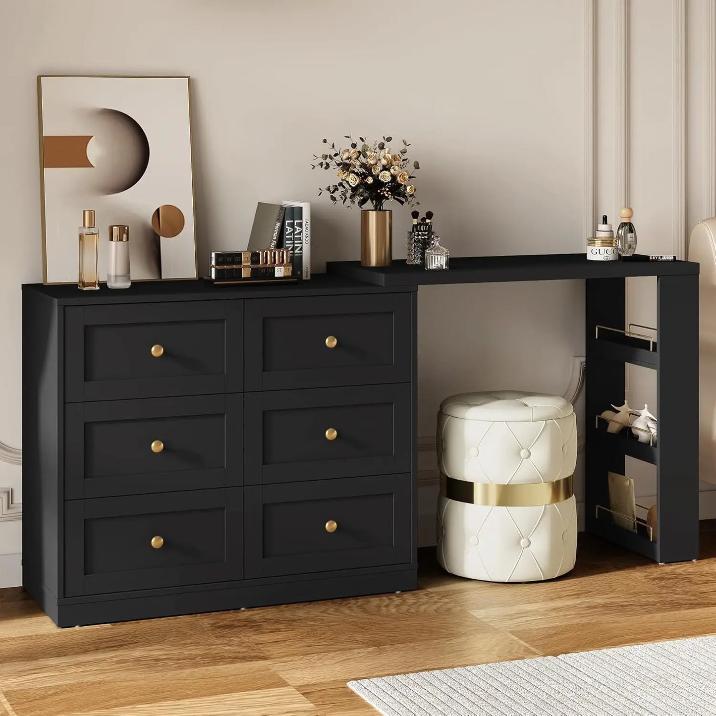 Vanity Desk and Dresser Combo, 67" L Extendable Big Makeup Vainty with 6 Drawer Dresser and 3 Side Shelves, Wood, Customized