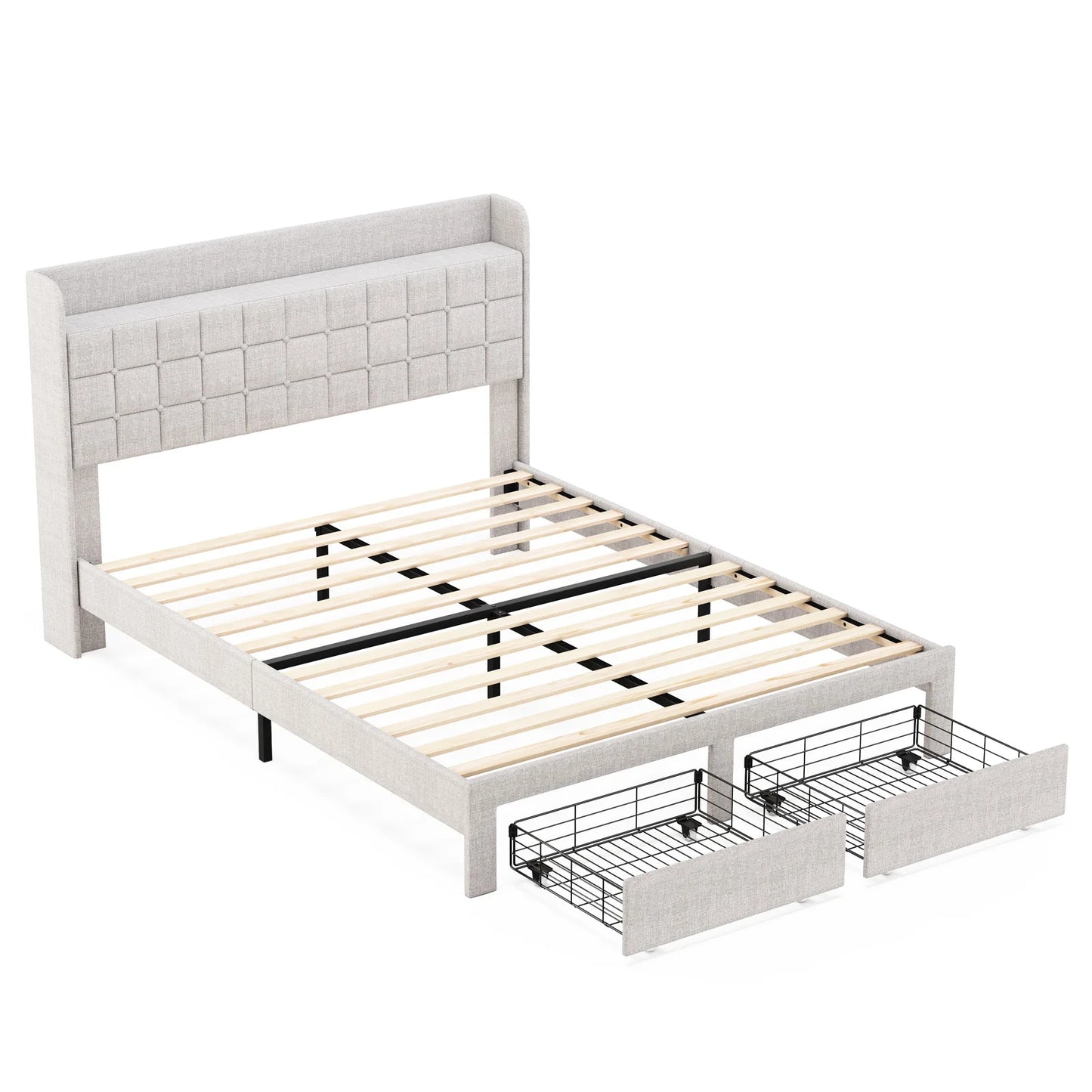 JHK Wood Bed Frame with 2 Storage Drawers Fabric Headboard Upholstered Platform Bed Frame Wooden Slats Support 1323 lbs Weight Capacity No Box Spring Needed Easy Assembly