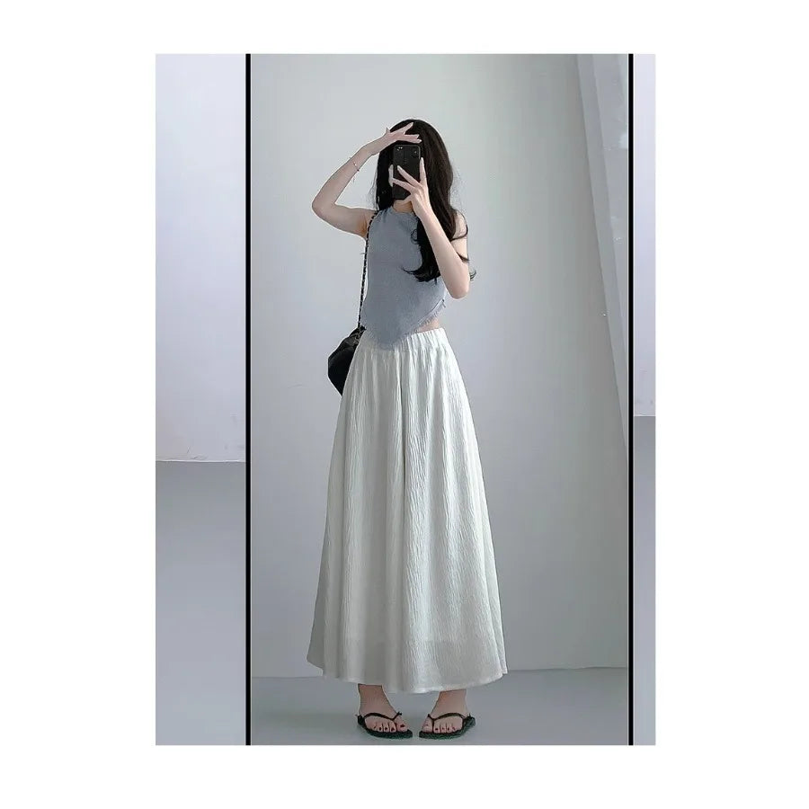 【HOT】A-line big swing culottes summer forest texture pleated skirt small man lazy mid-style long dress pleated