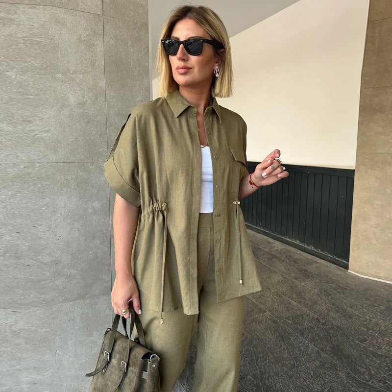Casual Drawstring Shirt Pants Set Women Lapel Button Short Sleeve Pocket Loose Top Wide Leg Pants 2025 Chic Summer Women's Suit