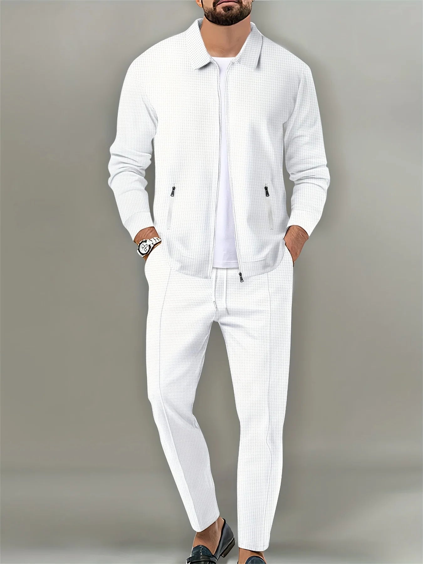 Men's coat, waffle, zipper pocket, lapel, slim cardigan, Men's jacket set - the best choice for casual wear and outdoor outfits