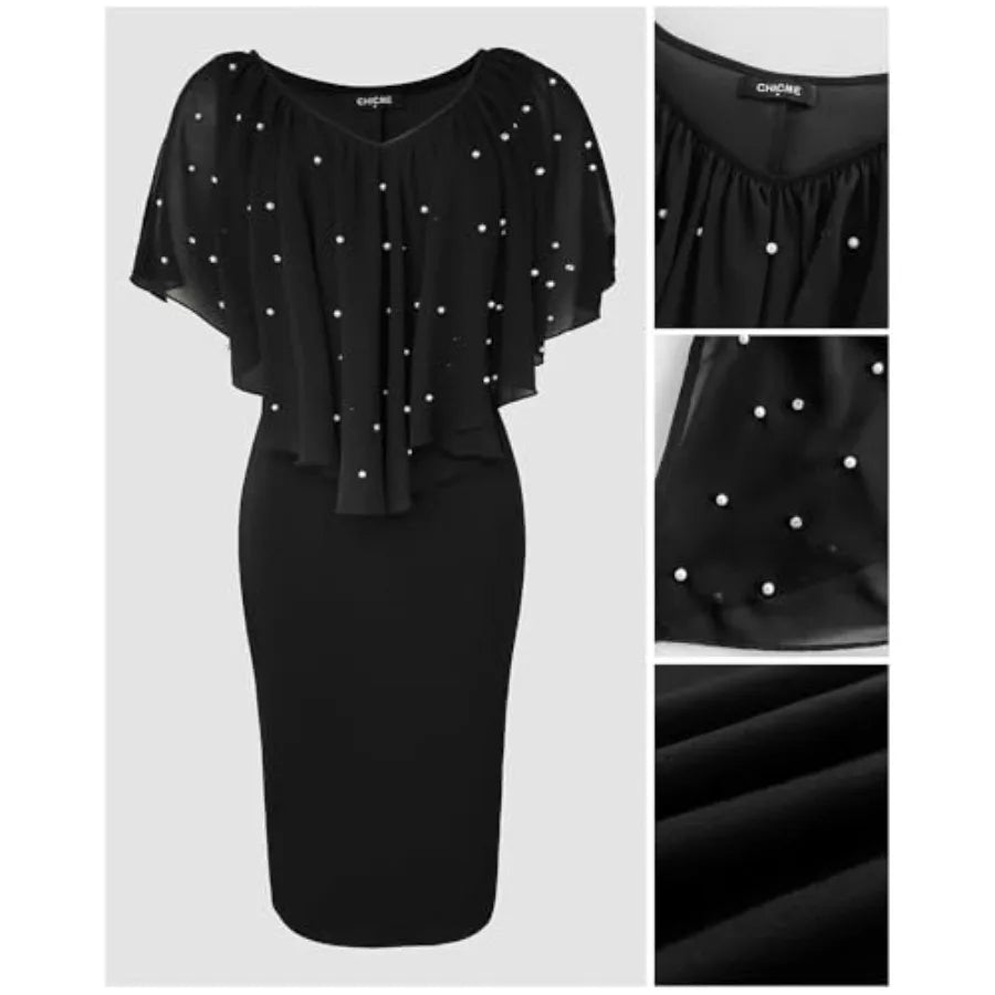 CHICME Womens V Neck Cold Shoulder Bodycon Midi Dress with Rhinestone and Pearls Cocktail Evening Wedding Guest Dress