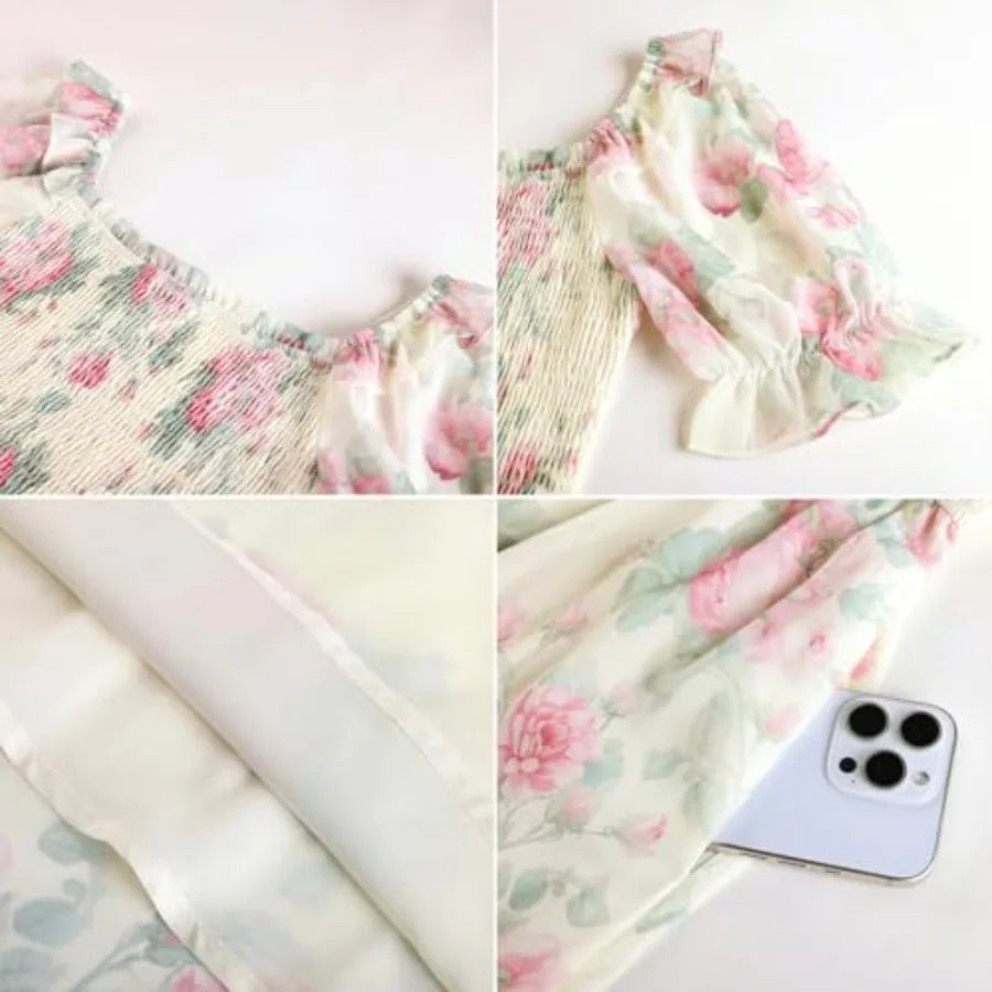 Scarlet Darkness Floral Dress for Women Summer Puff Sleeve Square Neck A Line Flowy Wedding Guest Tea Party Dresses