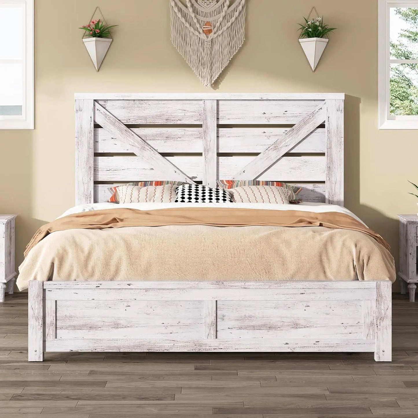 Queen Size Bed Frame with 49.2" Barn Door Headboard and Footboard, Farmhouse Platform Bed Frame with Wood Slats, No, Customized