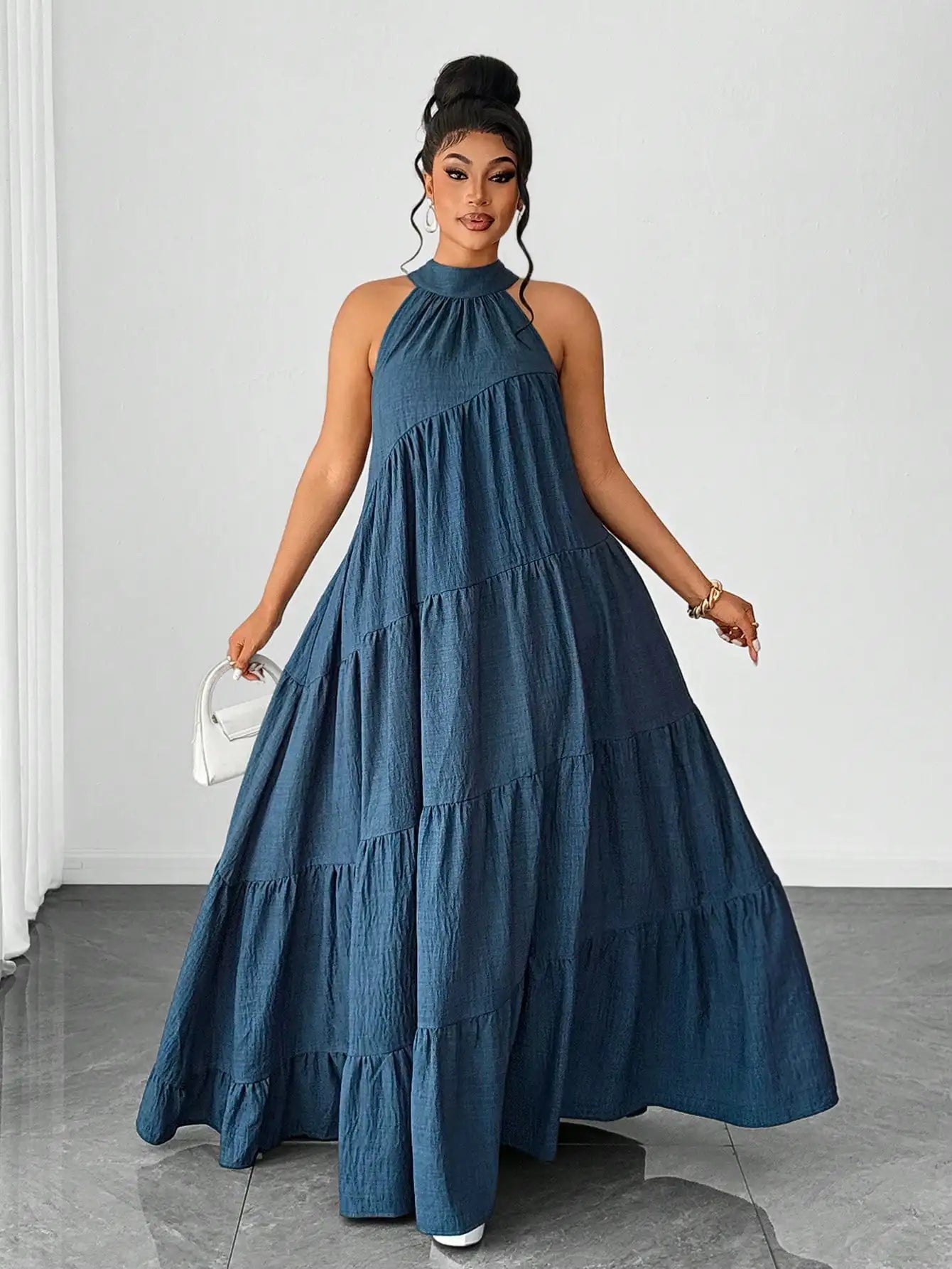 Plus Size Solid Color Halter Neck Tiered Ruched Casual Maxi Dress