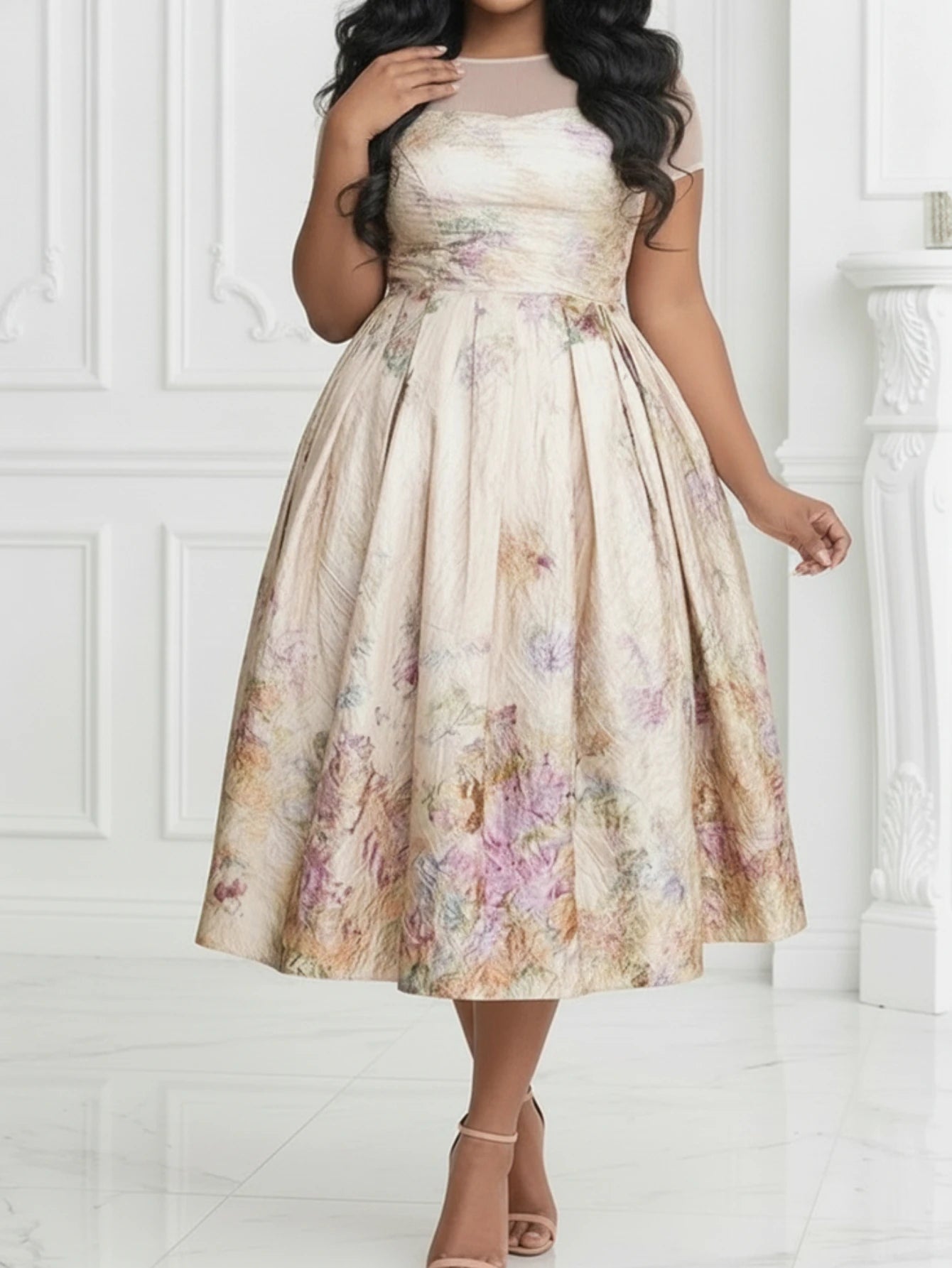 Women's Mock Neck Short Sleeve Printed Pleated Midi Dress For Daily Banquet Wedding Guest Gentle Fashion Occasions