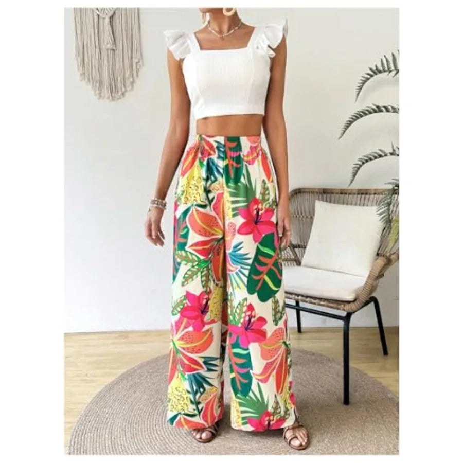 WDIRARA Women's Tropical Floral Print Elastic Waist Wide Leg Pants Palazzo Pants