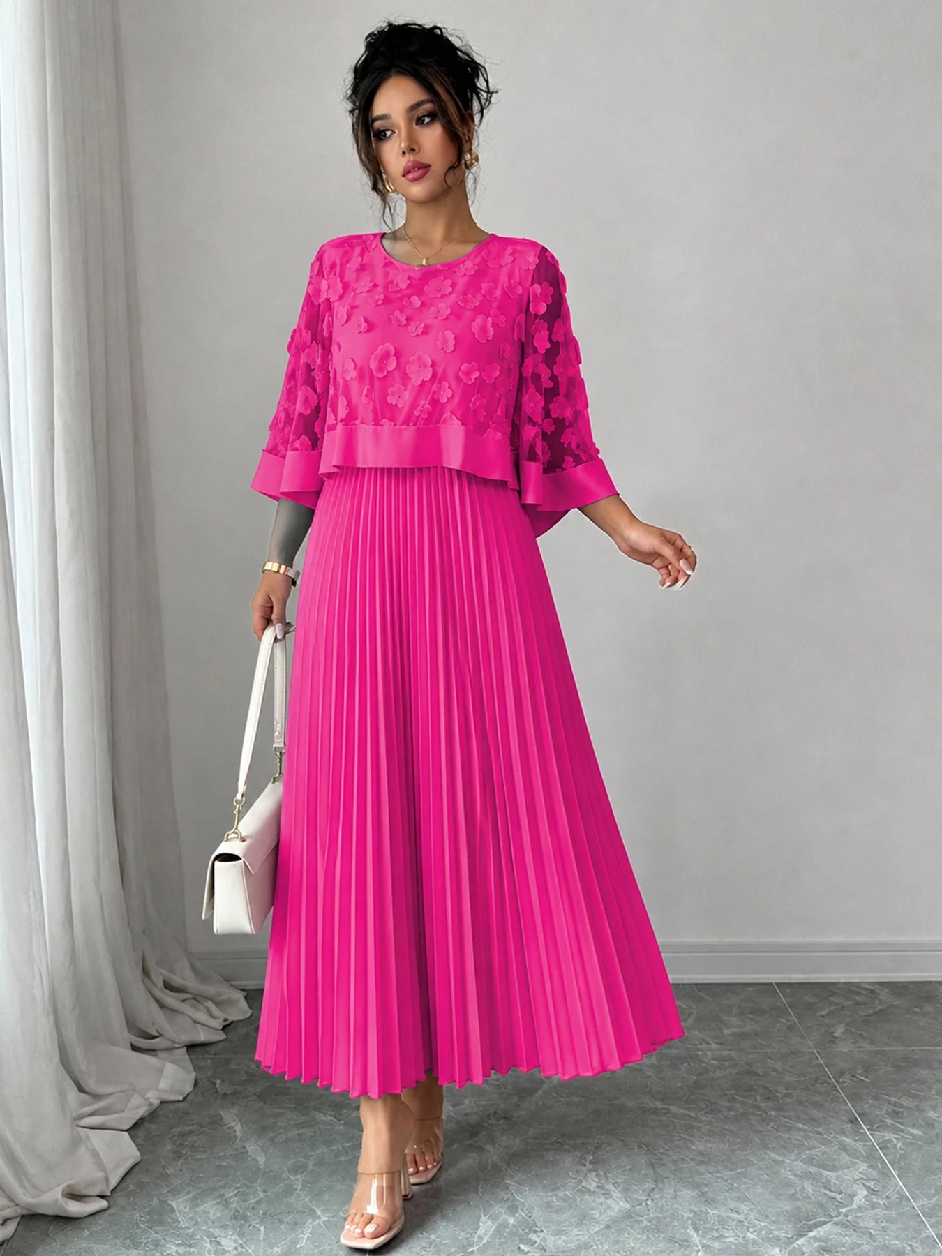 Elegant A-line Pleated Dress With Appliquéd Mesh Paneling, Vacation outfits women, Summer outfits for women