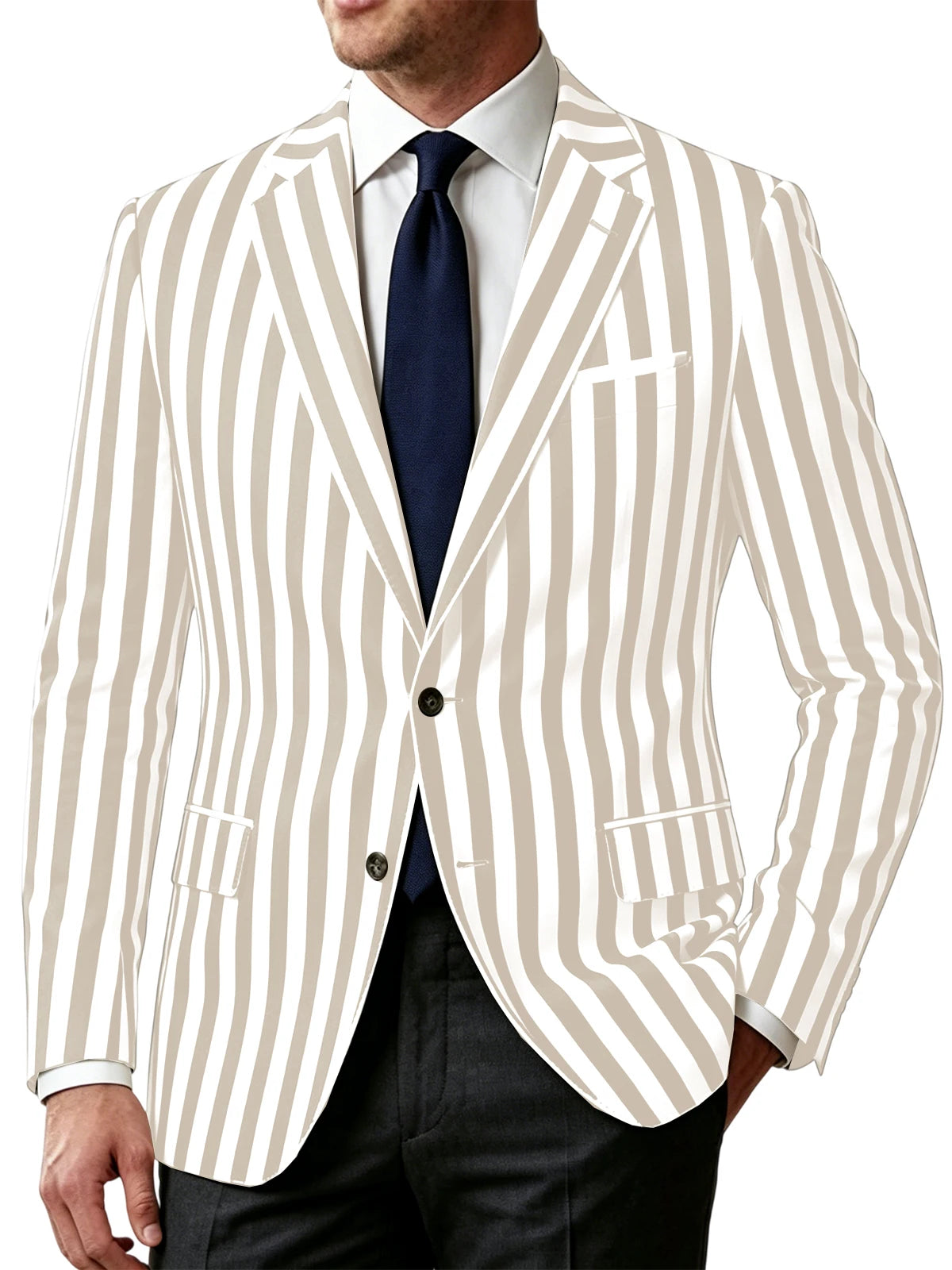 Men's Vertical Striped Blazer Slim Fit Single Breasted Casual Business Sport Coat Lightweight Formal Jacket For Office Wedding