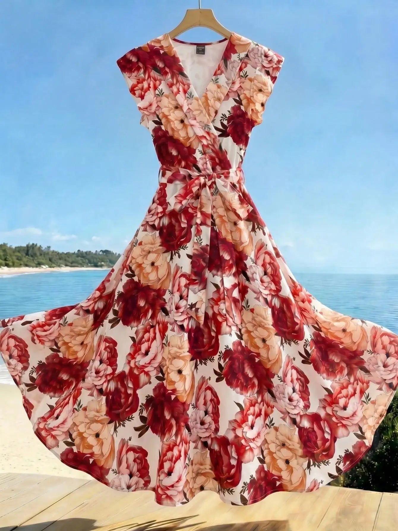 Elegant Floral Print Wrap Dress With Ruffle Sleeves And Sash Belt Summer