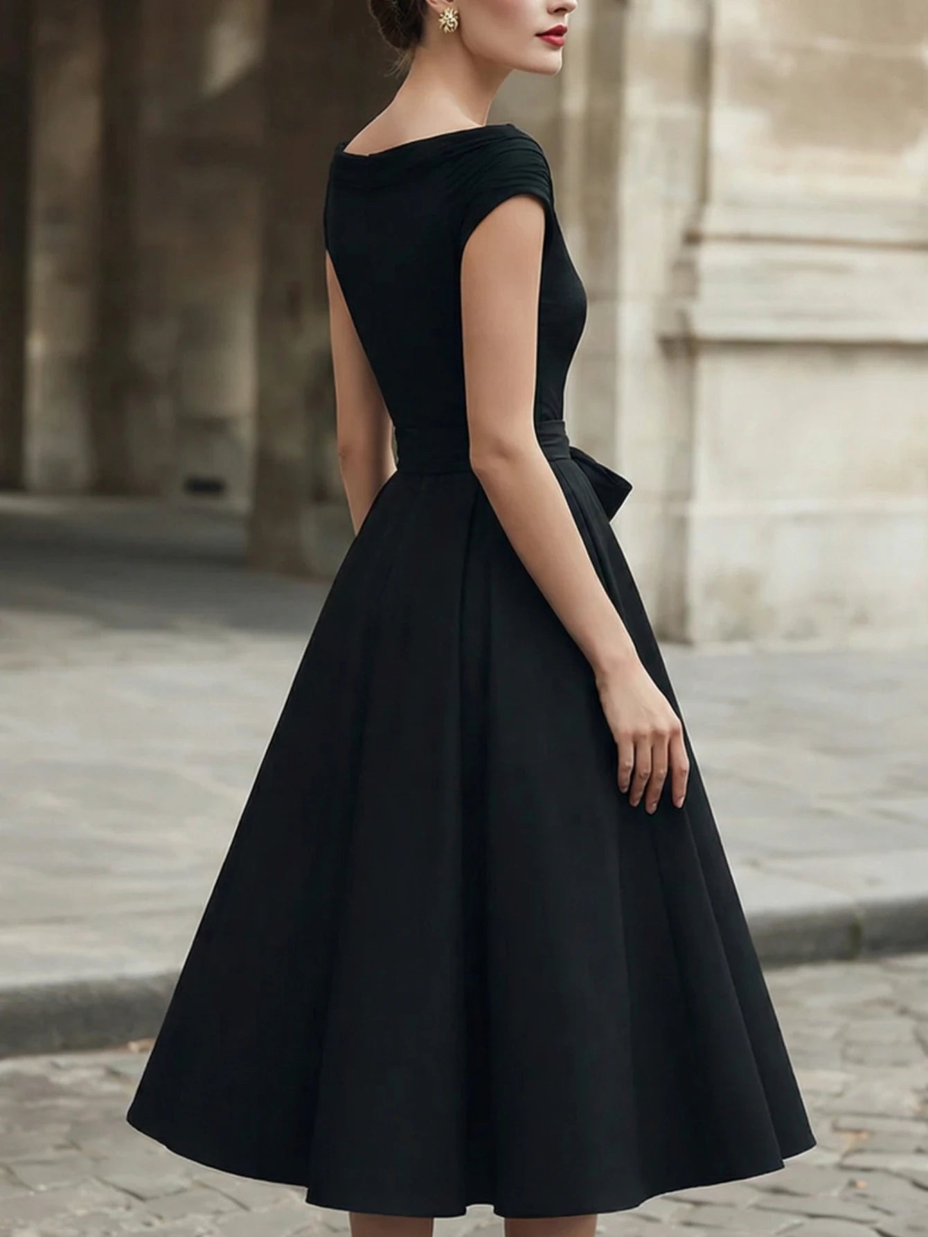 Off Shoulder Cap Sleeve Midi Dress For Women Self Tie Waist Bow A Line Swing Cocktail Party Vintage Black Dress
