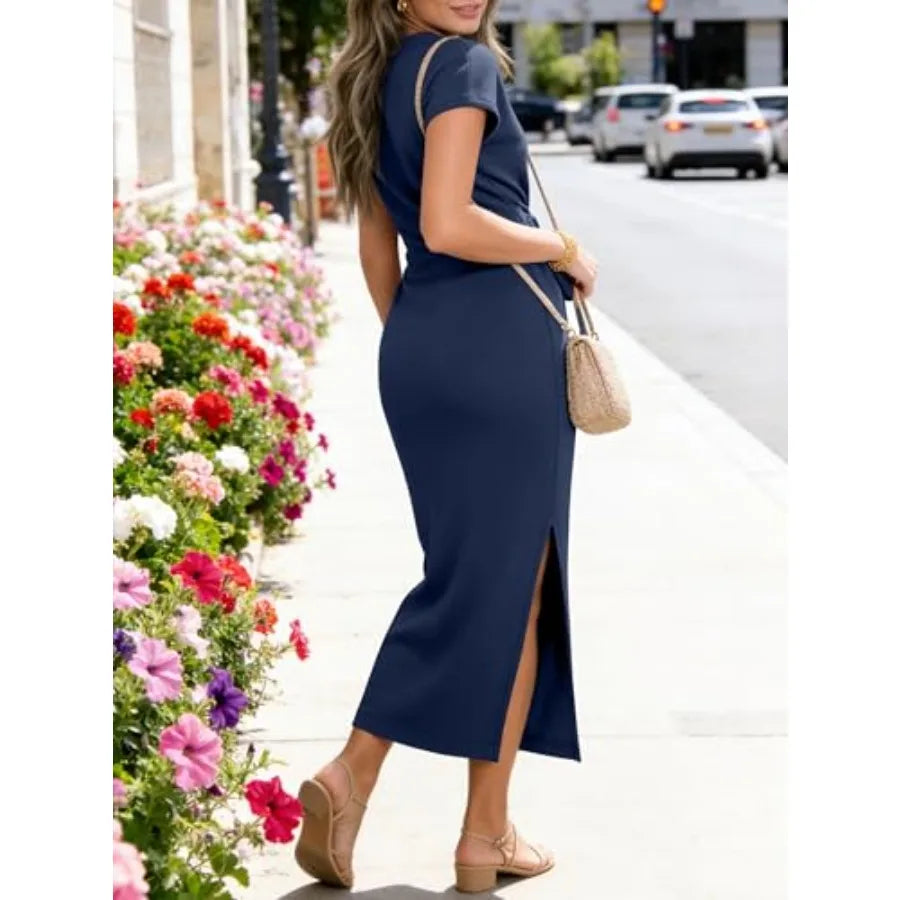 ANRABESS Womens Summer Maxi Dress Casual Crew Neck Tie Waist Split Wrinkle-Free Fit Long Fashion Vacation Dresses 2026 Spring