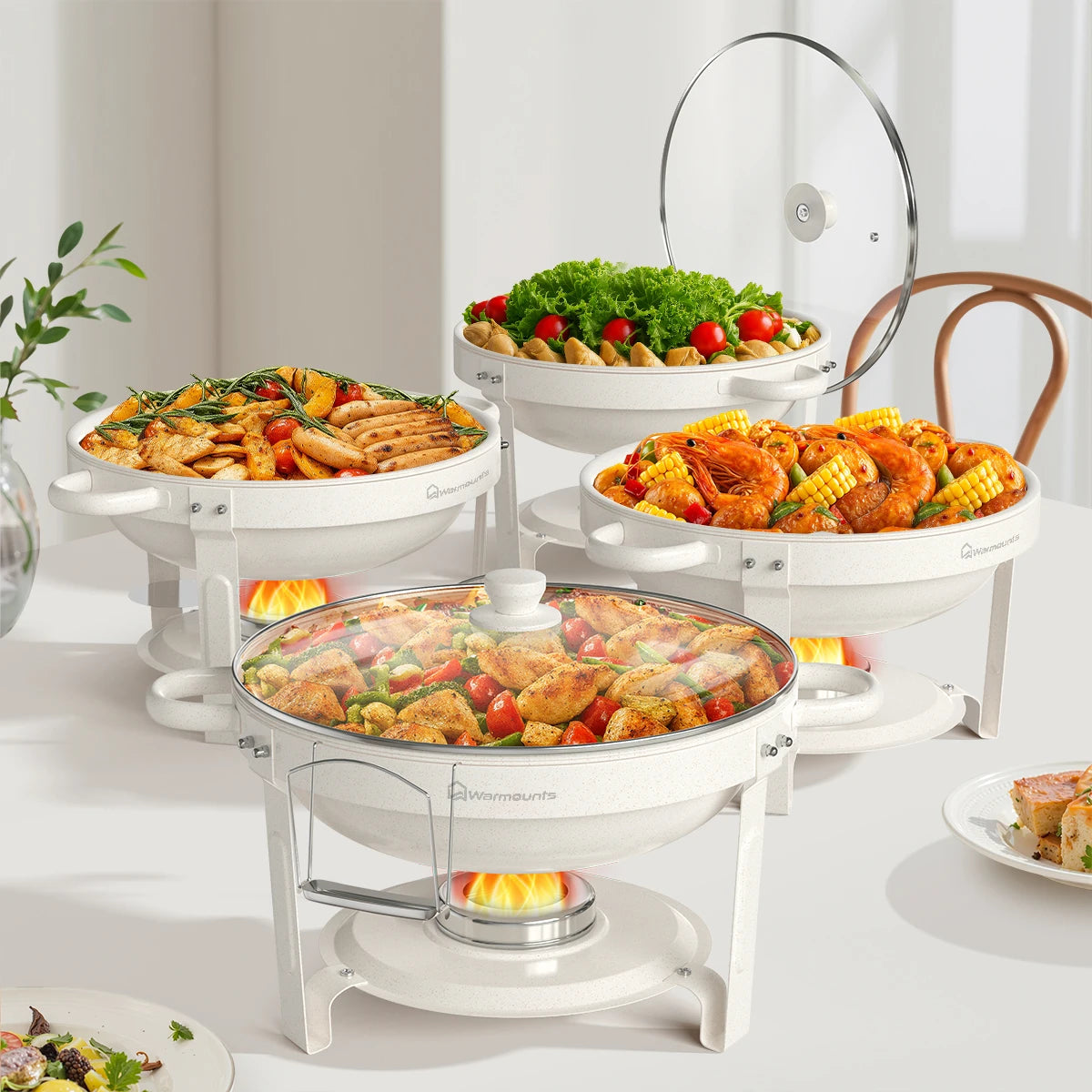 Warmounts Fully Coated Round Chafing Dishes Buffet Set With Glass Lid
