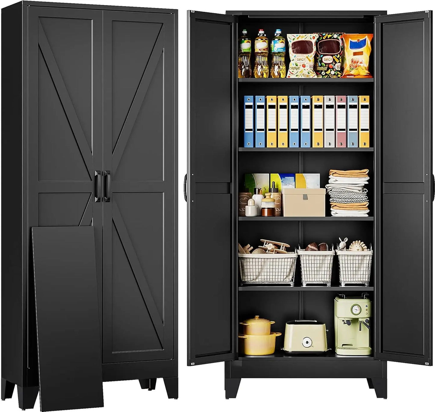 72" Tall Pantry Storage Cabinet with 2 Doors 5 Shelves Farmhouse White Cupboard for Kitchen Bathroom Living Room, Custom