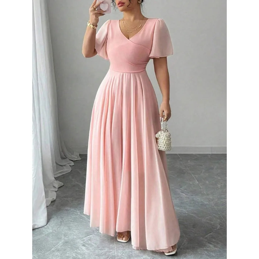 【New style】 Elenzya Plus Size Women Chiffon Ruffle Sleeve V-Neck A-Line Dress, Simple Elegant Romantic Graceful Flowing