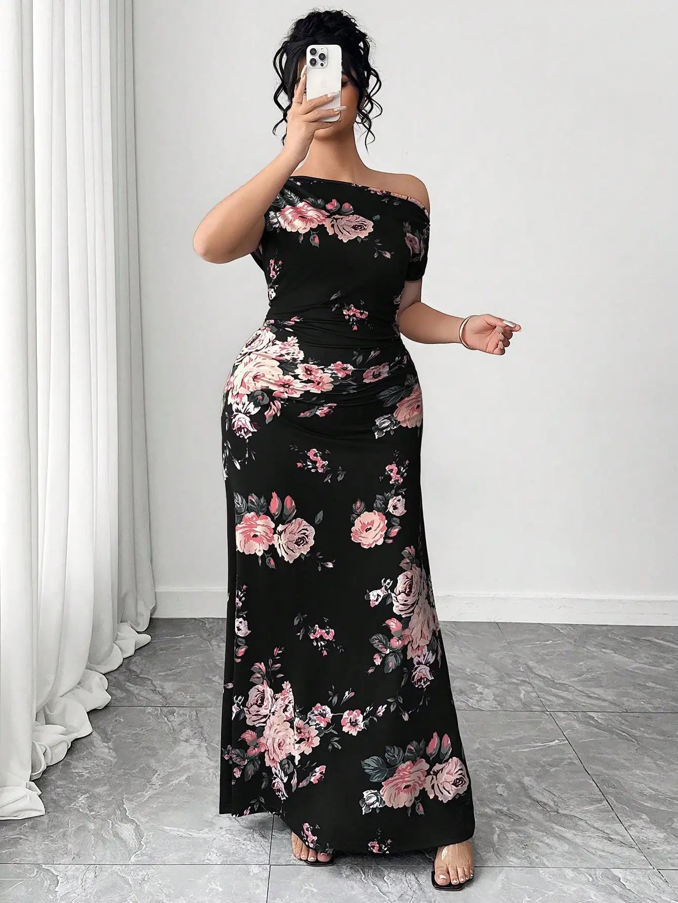 Off Shoulder Floral Print Short Sleeve Floor Length A-Line Dress For Women