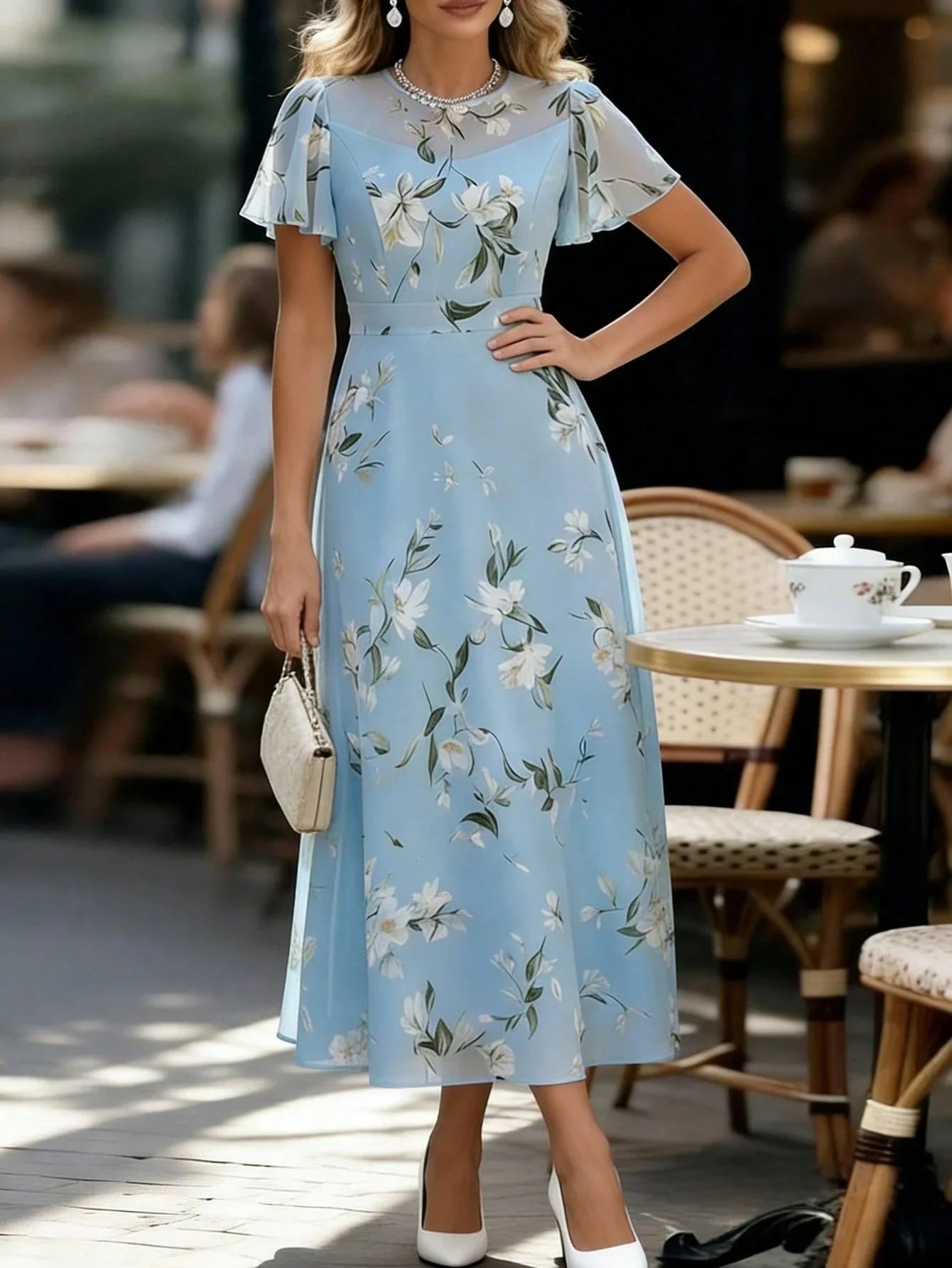 Elegant Blue Chiffon Floral Print Ruffle Sleeve A-Line Dress For Women