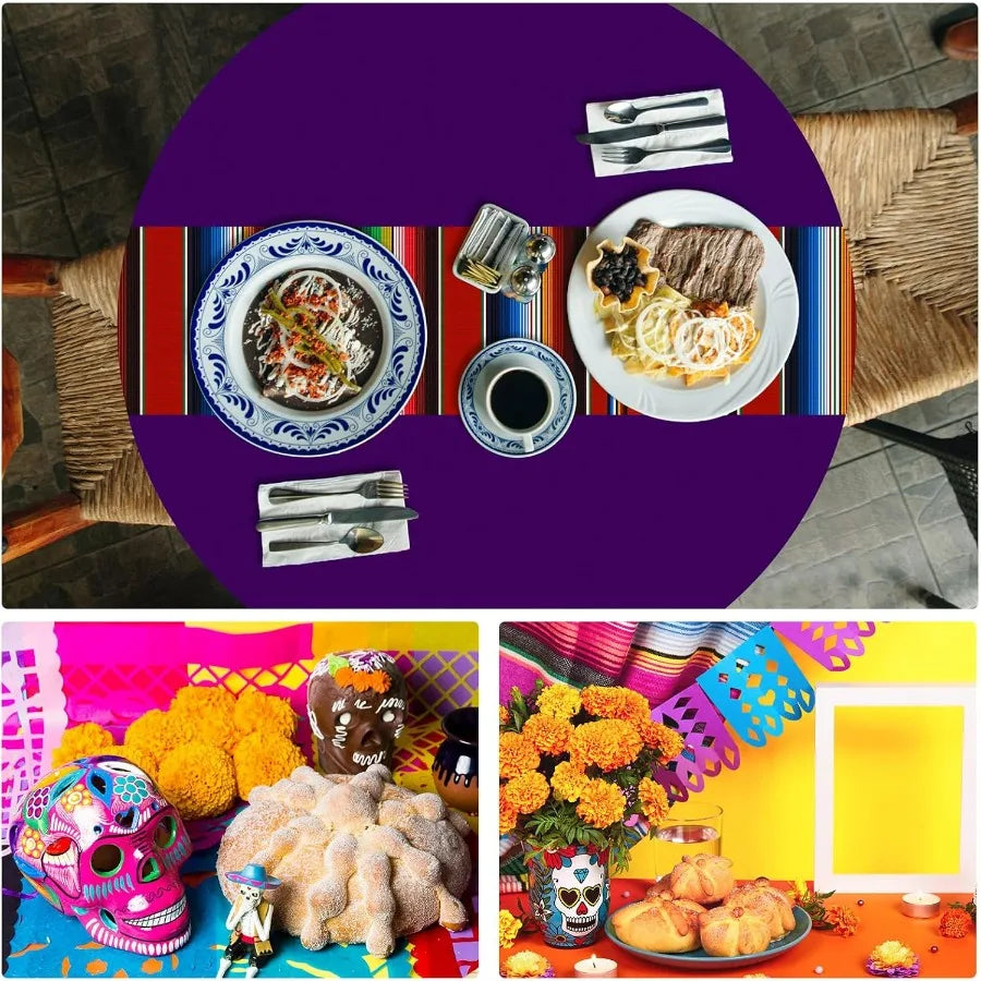 24 Pcs Mexican Fiesta Tablecloth 84 Inch Plastic Tablecover Waterproof Round Tablecloth Striped Serape Table Runner for Mexican