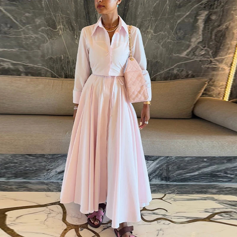 Casual Striped Women Summer Dress Lapel Single Breast Half Sleeve Slim Waist Long Dresses 2026 Autumn Lady Fashion Vacation Robe