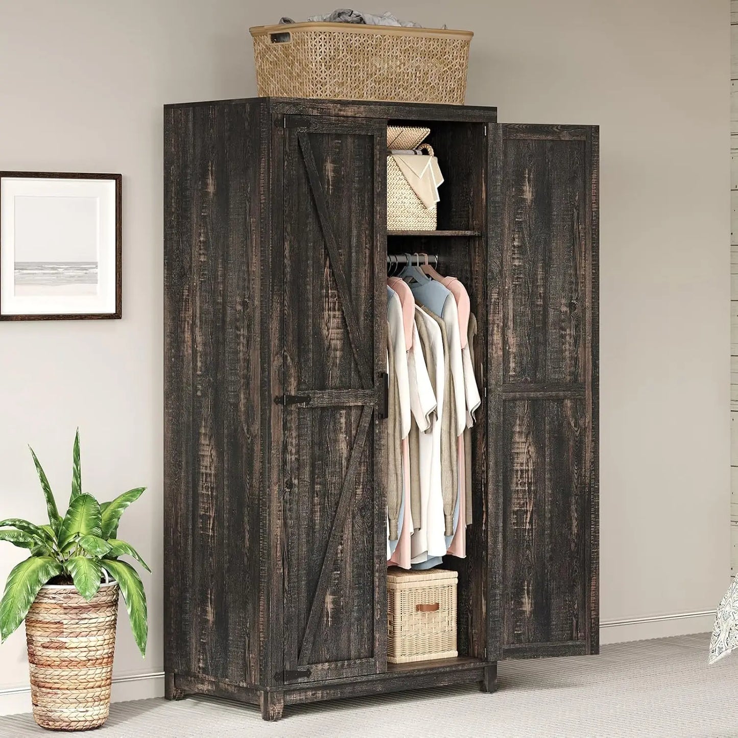 Farmhouse Armoire Closet 71in Barn Doors Cabinet Rod & Shelf Bedroom Storage White Custom