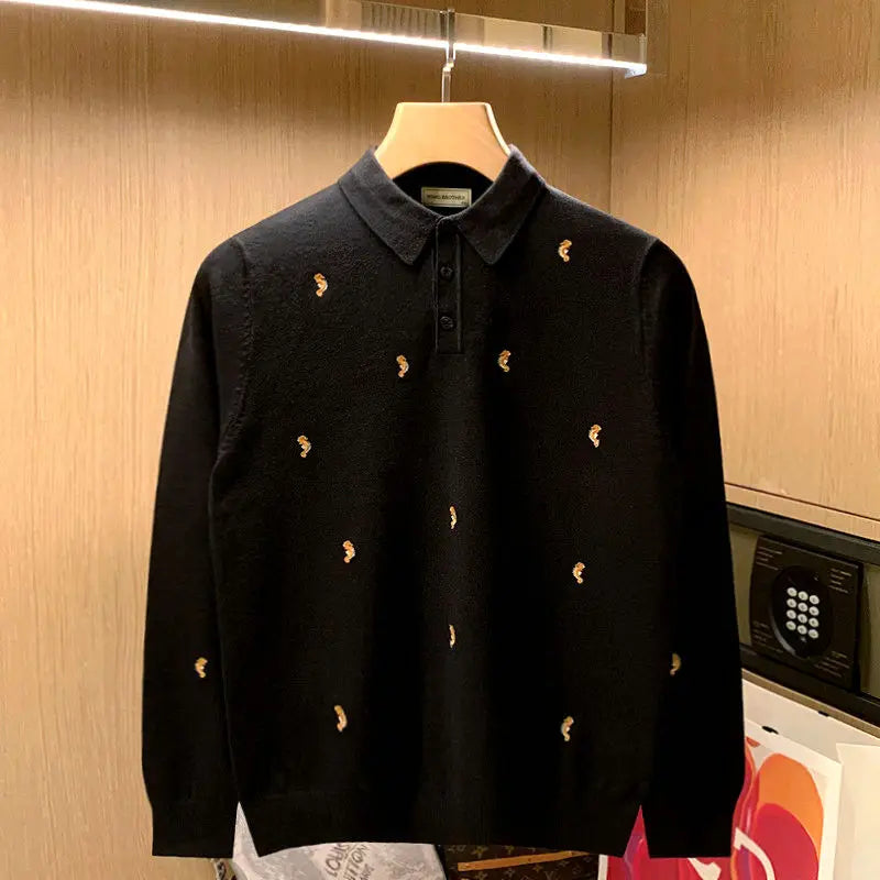 Mens Vintage Seahorse Embroidered Knit Polo Shirt Long Sleeve