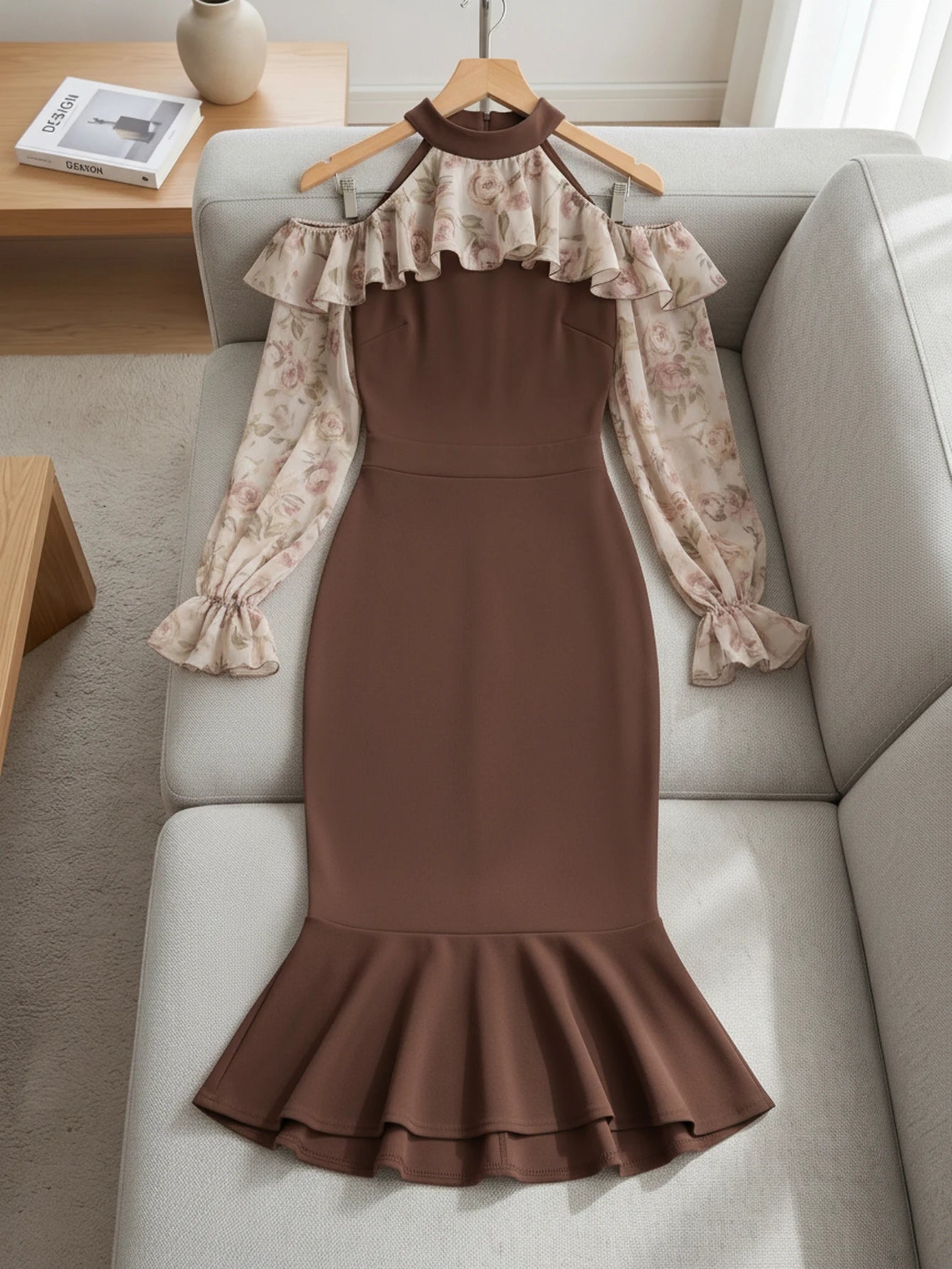 Cold Shoulder Floral Print Midi Dress For Women Ruffle Collar Puff Long Sleeve High Waist Bodycon Mermaid Hem Party Club Dress