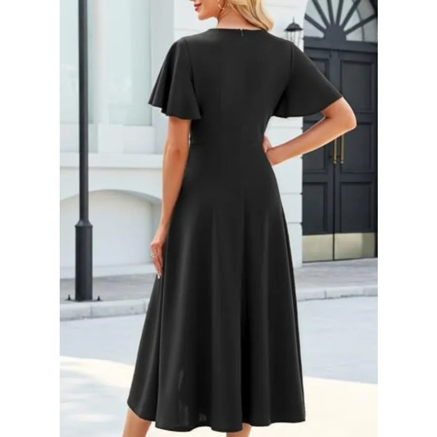 QMZ Wedding Guest Dresses for Women Have Pockets Cocktail Dress Ruffle Sleeve A Line Evening Party Formal Dresses for Women