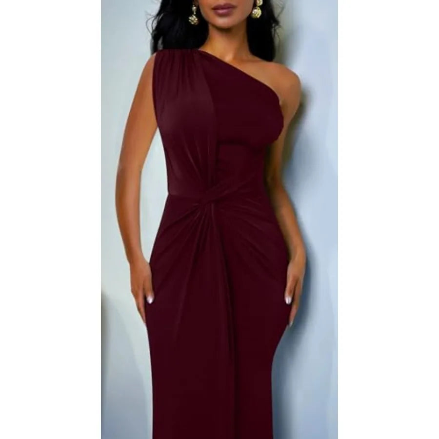 Memoriesea Women's Elegant Sleeveless One Shoulder Bodycon Evening Cocktail Maxi Dress