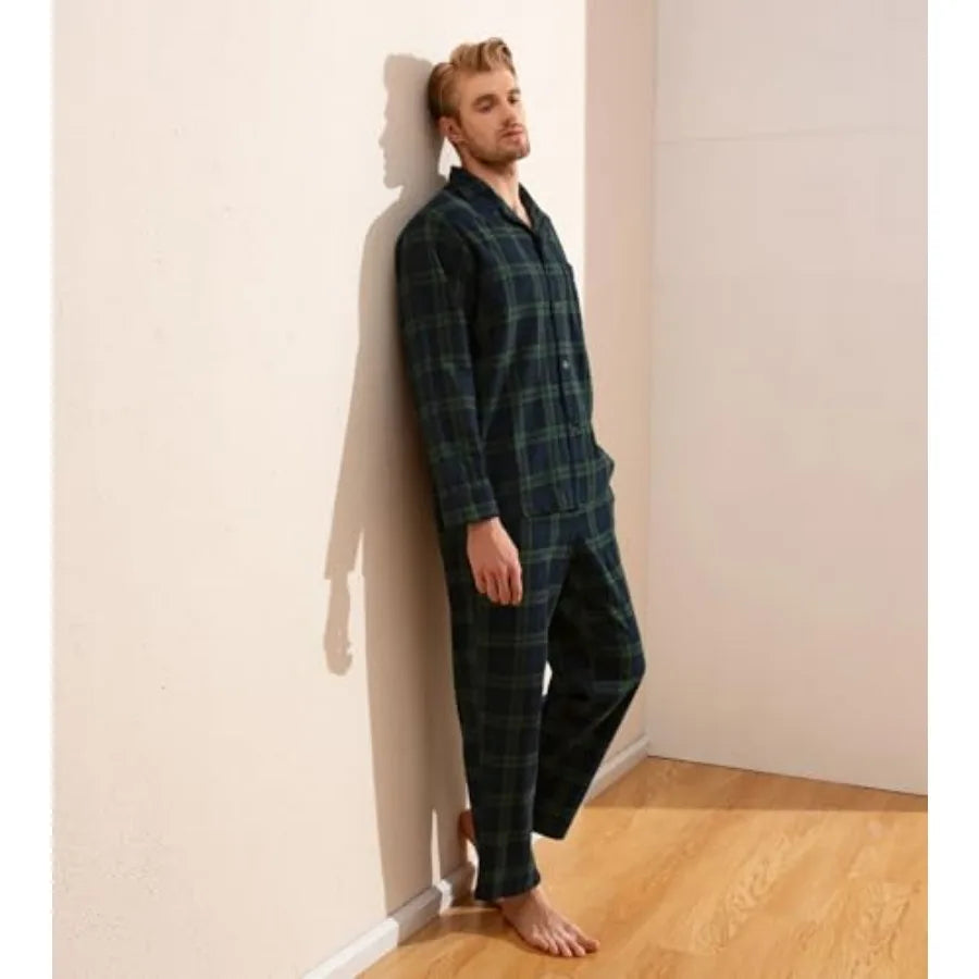 Men's Pajama Set 100% Cotton Flannel Top Long Sleeve and Bottom Pants Plaid Sleepwear PJ Sleepwear Lounge Comfy M79/M95