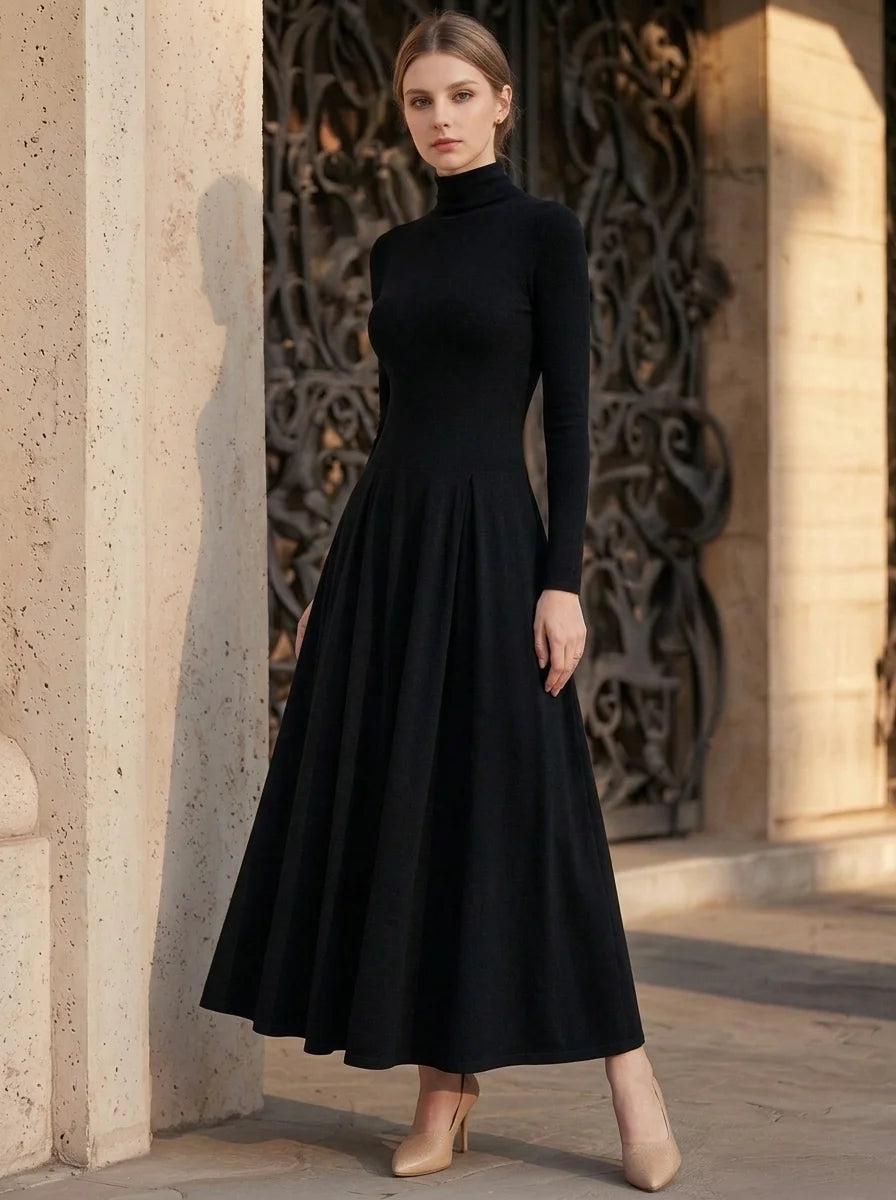 Minimalist Style Women Summer Turtleneck Long Sleeve Pleated Swing Maxi Dress