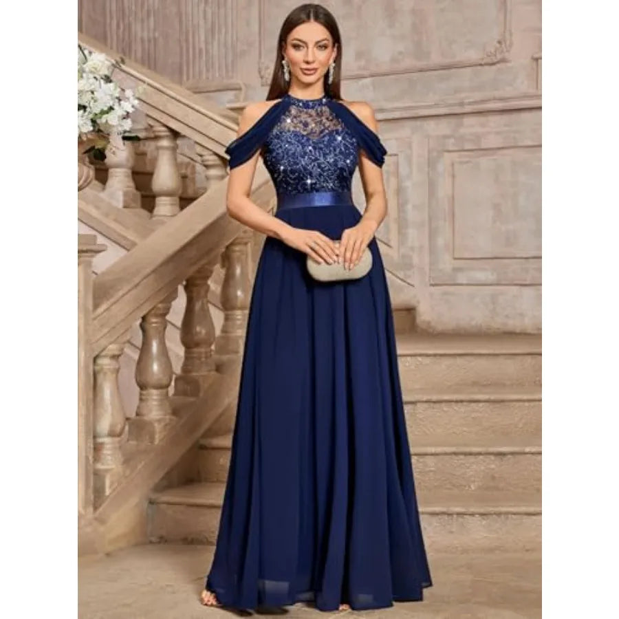 Women's Classic Lace Sleeveless Sequin Contrast Chiffon Bridesmaid Maxi Dress