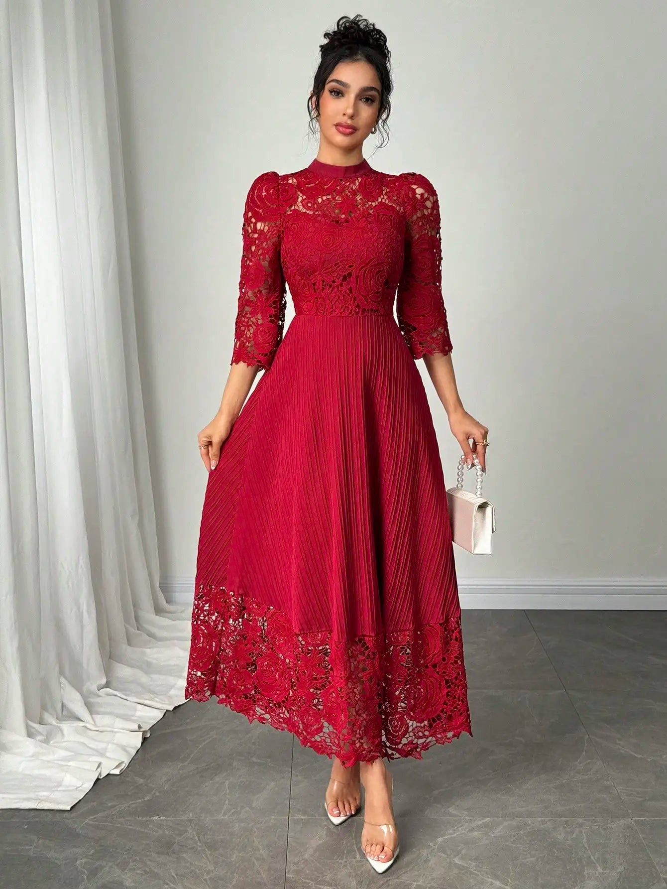 Yellow Lace Embroidered Floral Maxi Dress With Pleated Skirt And Flare Sleeves