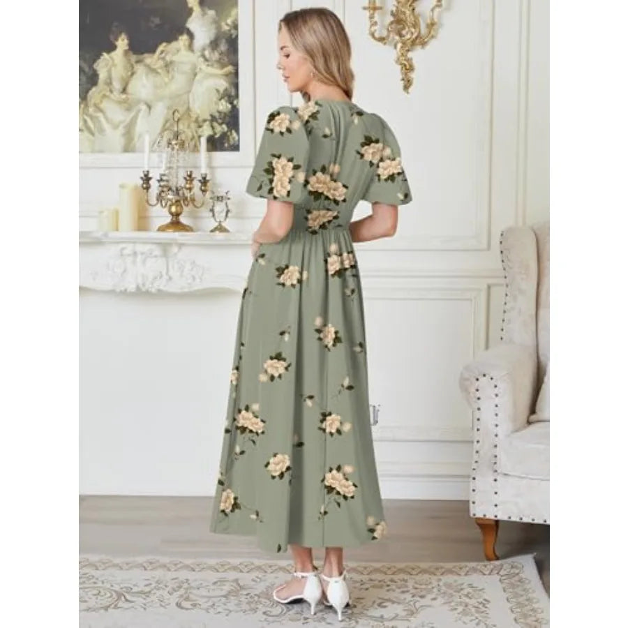 Caracilia Women's Floral Maxi Dress, Spring Wedding Guest Formal Party, V Neck Puff Sleeve Full Lined, Summer Casual Dresses