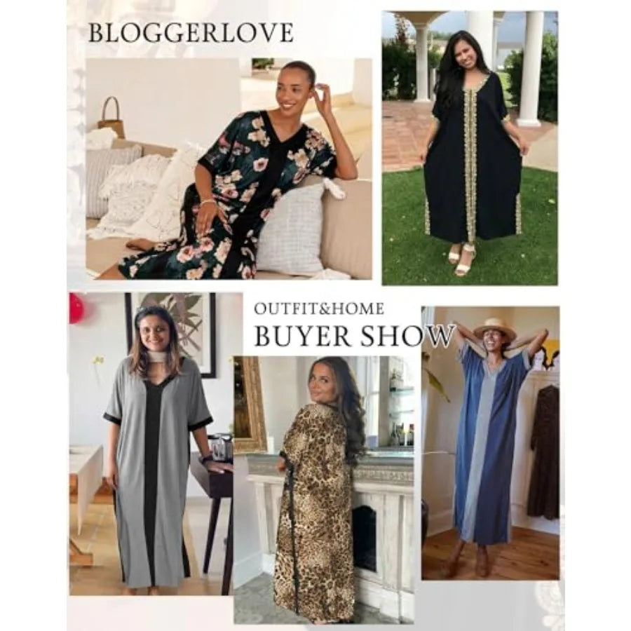 Bloggerlove Women Nightgowns Cotton Caftan House Dress Short Sleeve Sleepwear Vacation Beach Moo Moos Dress with Pockets
