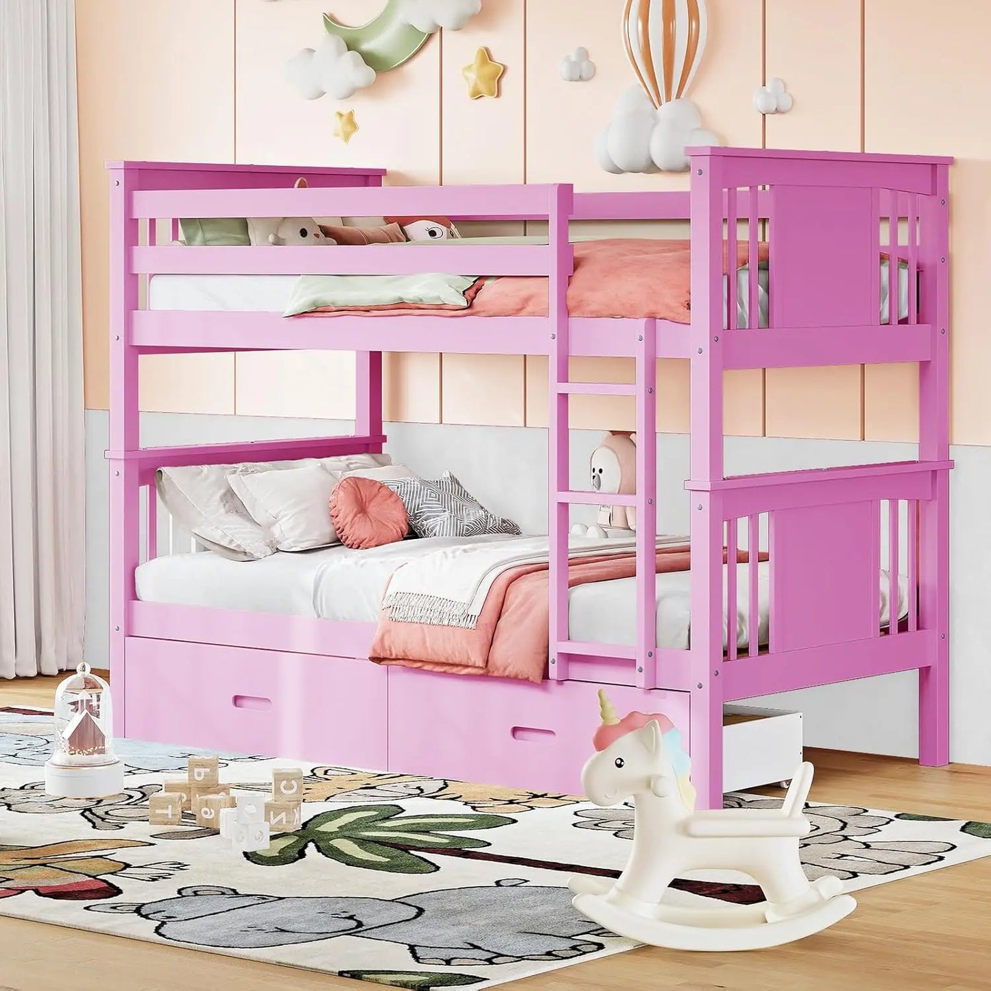 Bunk Bed Twin Over Twin with Storage Drawers, Gray Convertible Wood Twin Bunk Beds with Ladder and Safety, Customized