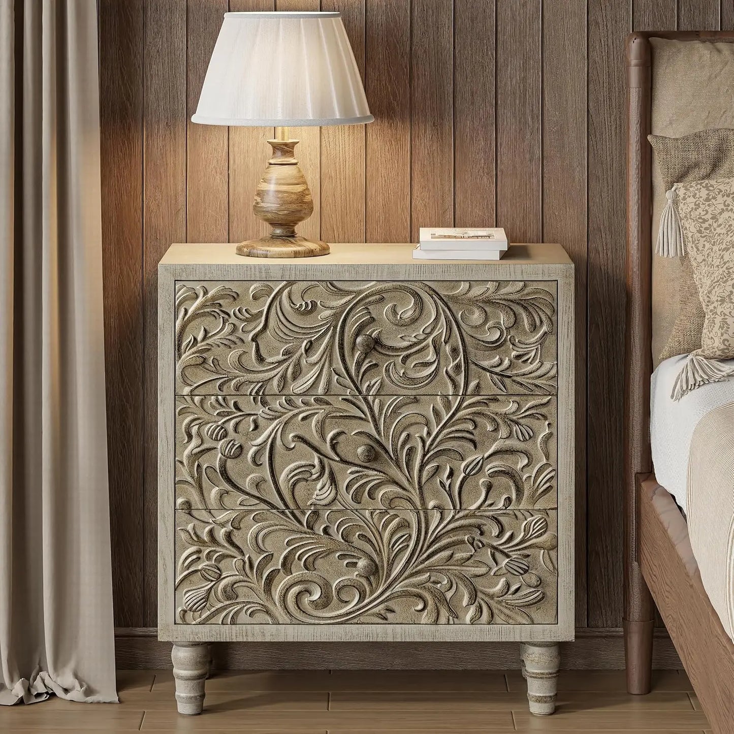 3 Drawer Farmhouse Dresser with Embossed Weathered Flower Motif, Vintage Nightstand for Bedroom, Almost, Customized