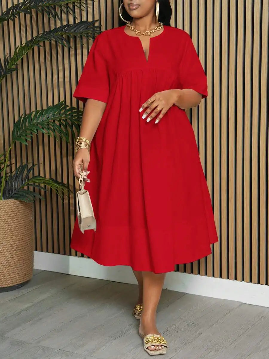 Slaydiva Plus Size Elegant & Commute & Vacation & Daily Loose Solid White Short Sleeve Notched Neck A-Line Knee-Length Dress