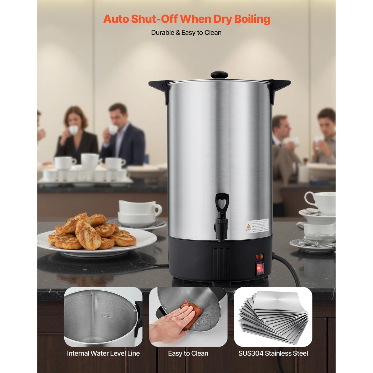 SucceBuy Commercial Coffee Urn 100Cup 15L Hot Beverage Dispenser with Dripless Faucet Quick-Brewing Stainless Steel Coffee Maker