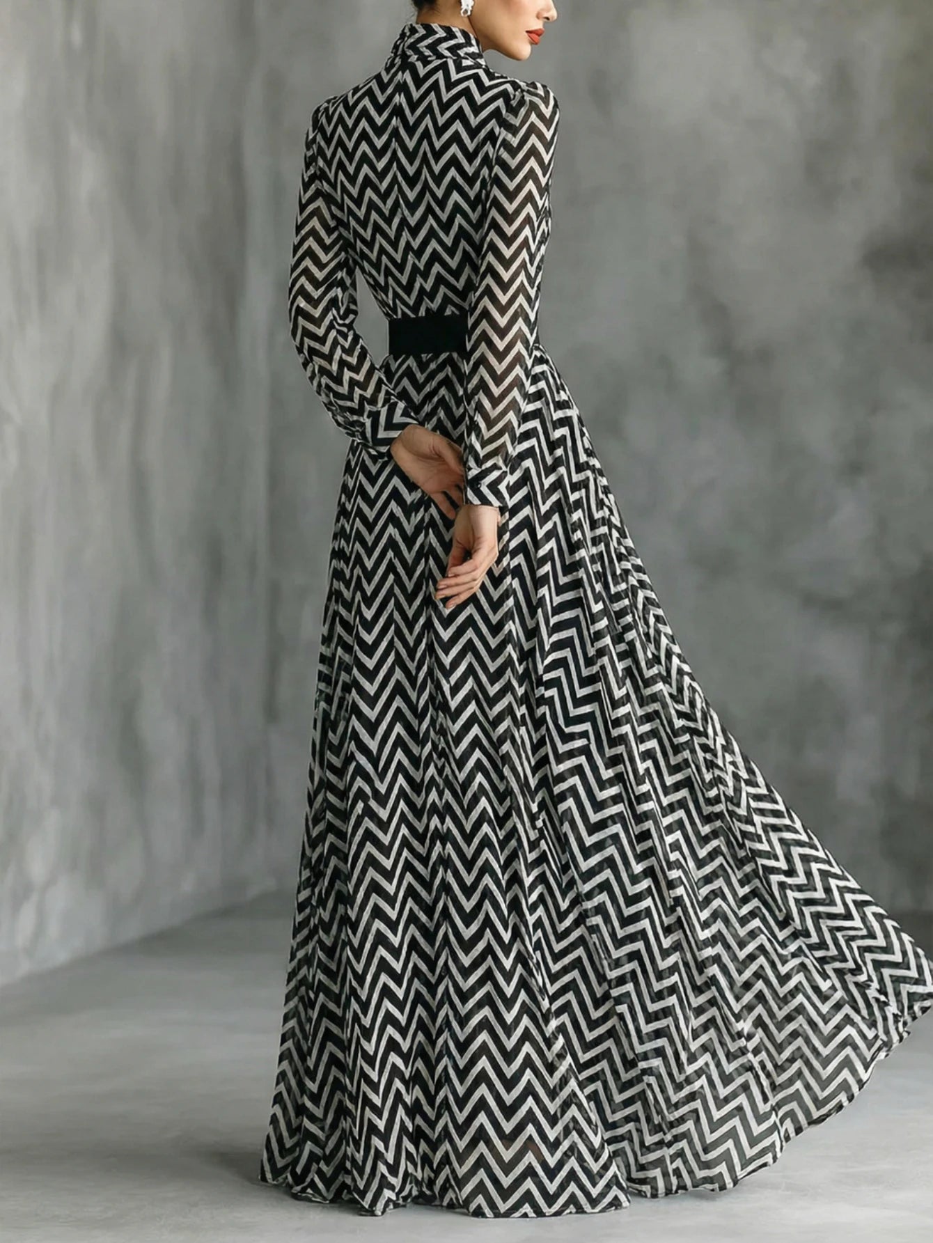 Chevron Print Stand Collar Maxi Dress For Women Long Puff Sleeve Self Belt Waist Side Pockets Flowy Hem Formal Party Shirt Dress