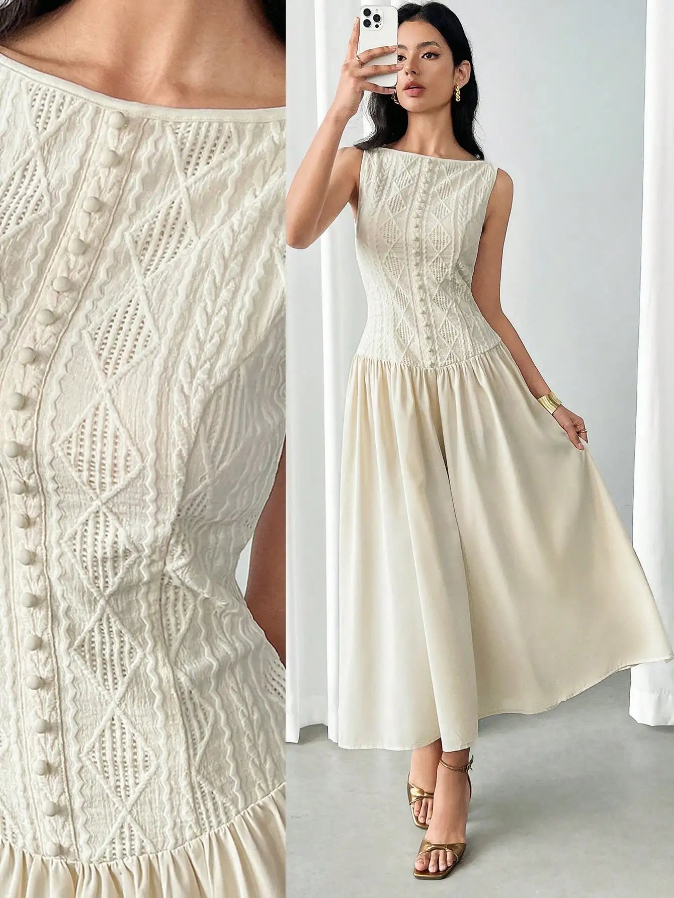 Women's Summer Elegant Solid Color Textured Sleeveless Midi Dress