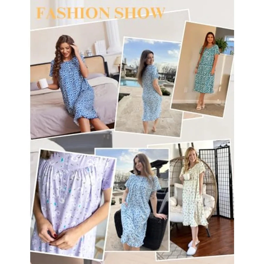 Ekouaer Nightgowns for Women with Pockets Button Front Short Sleeve House Dresses Floral Print Mumu Dress