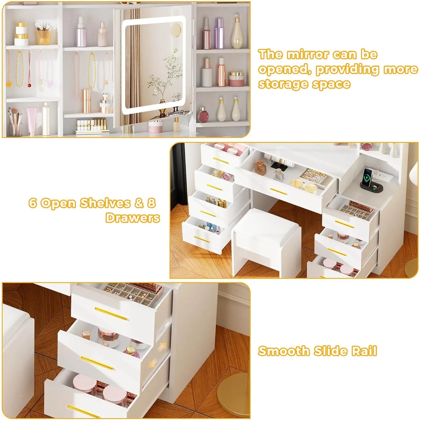 Large Vanity Desk with Mirror and Lights,White Makeup Vanity Table with Power Outlet,Makeup Desk with 8 Drawers,7, Customized