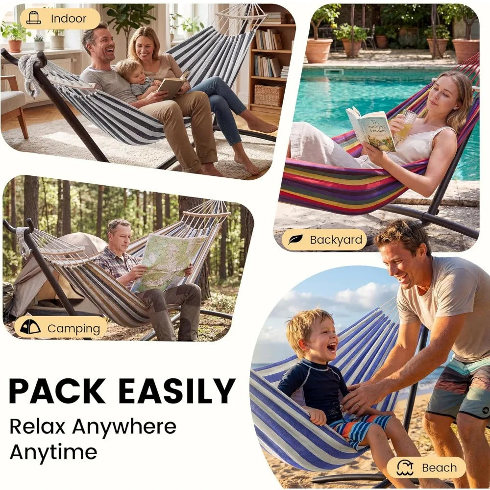 Double Hammock with Steel Stand Portable 600lbs Capacity for Indoor Yard Camping Outdoor