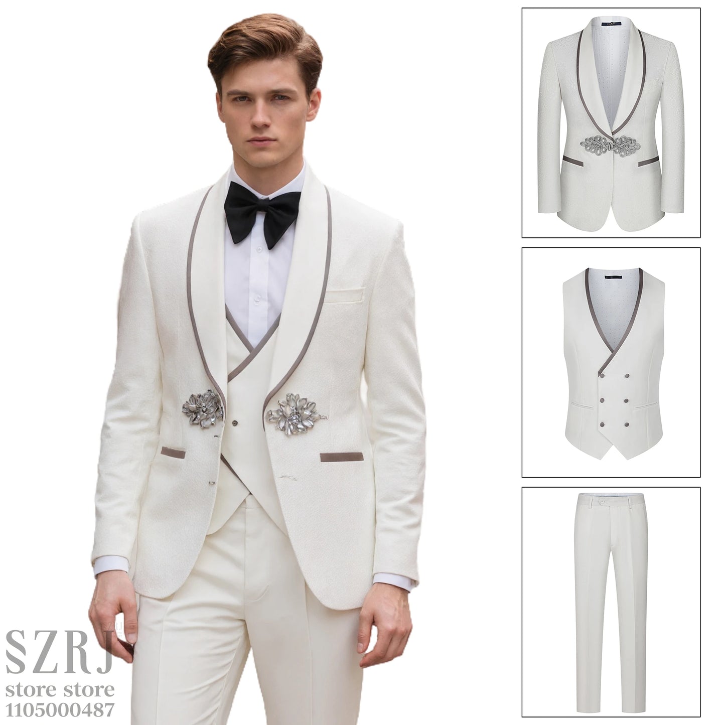 Men's Formal Tuxedo Set With Shawl Collar, Vest And Trousers