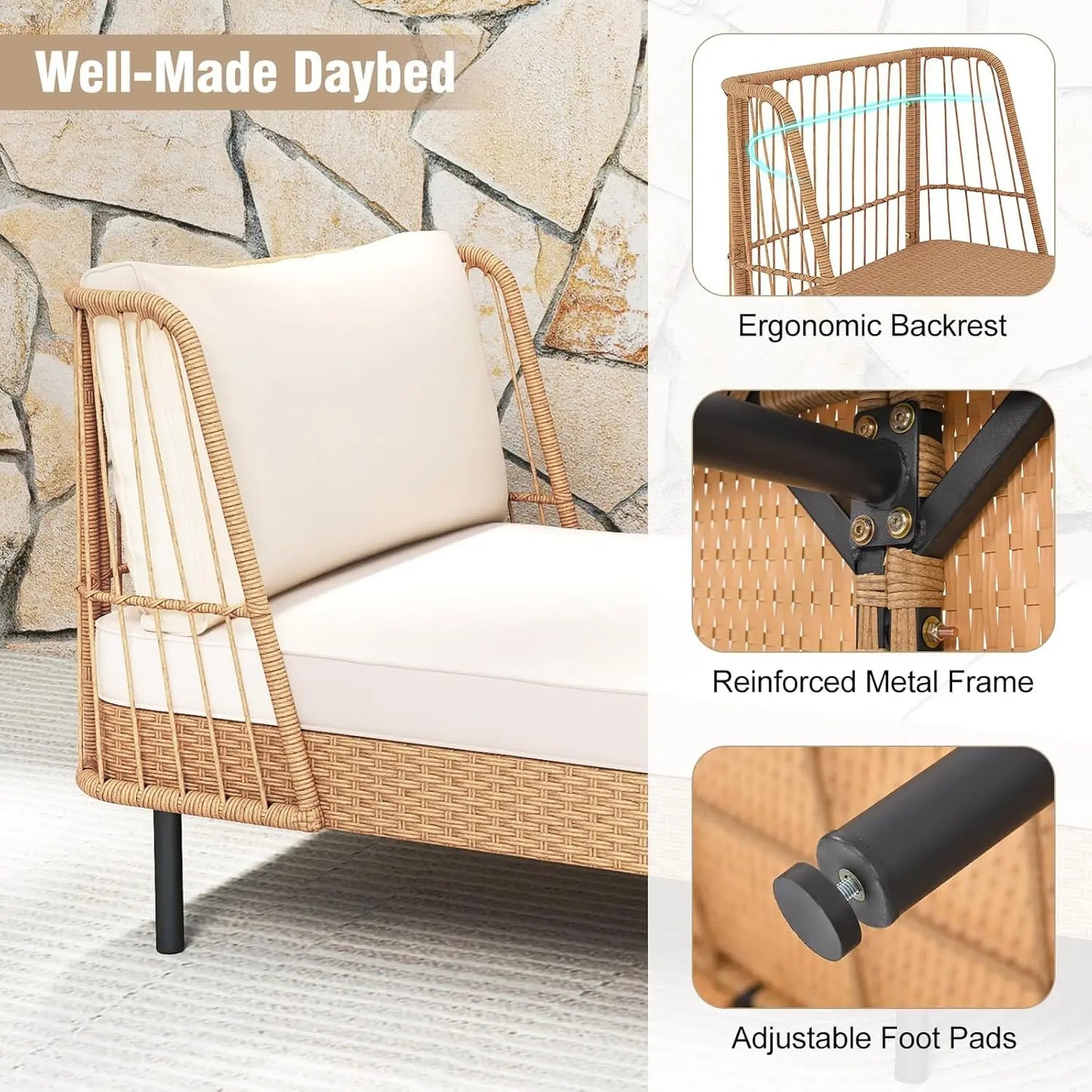 Patio Rattan Daybed, Boho Outdoor Wicker Lounge Sofa with Seat & Back Cushions, 2-Seat Bench Sun Lounger Chair with, Customized