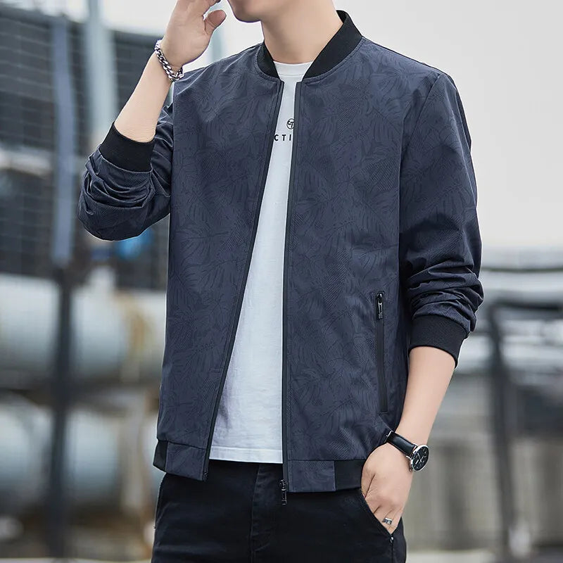 BROWON Business Casual Mens Jacket 2026 Spring Standing Collar Print Coats Men Autumn Fashion Long Sleeve Outdoor Men Clothing