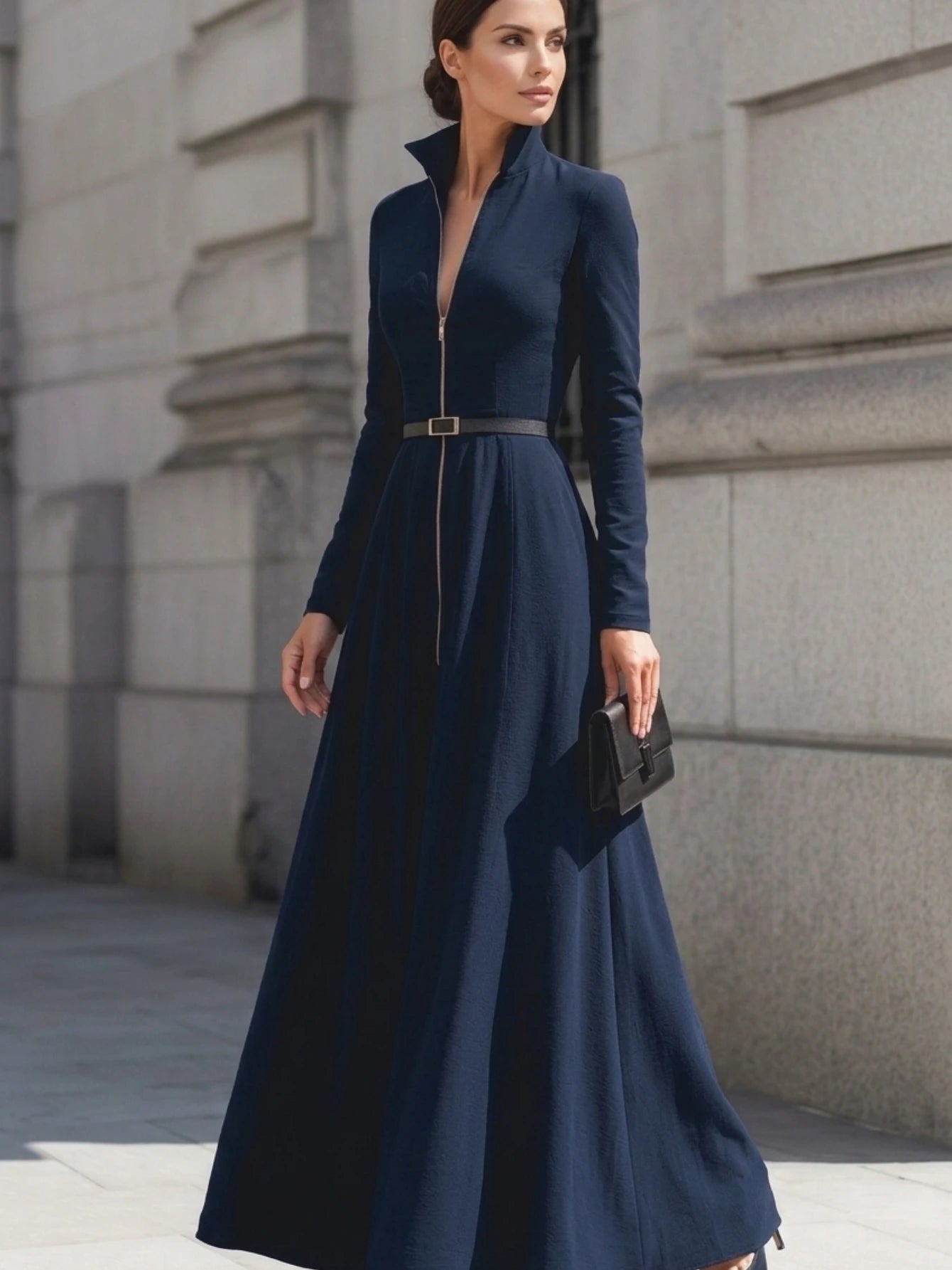 Stand Collar Zip Front Belted Waist Long Sleeve Maxi Swing Dress For Women Formal Business Dress