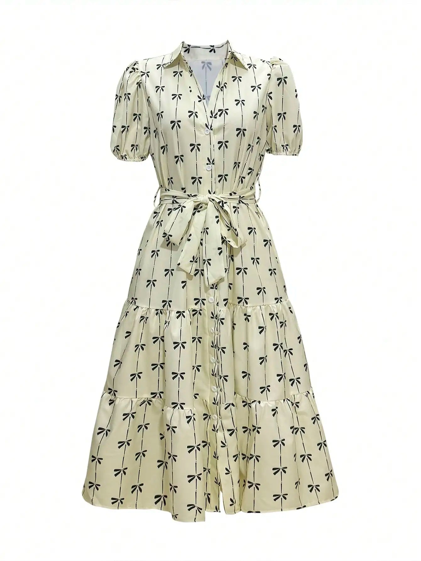 Women's Striped Floral Embroidered Midi Dress With Collar Puff Sleeves Tie-Up Waist