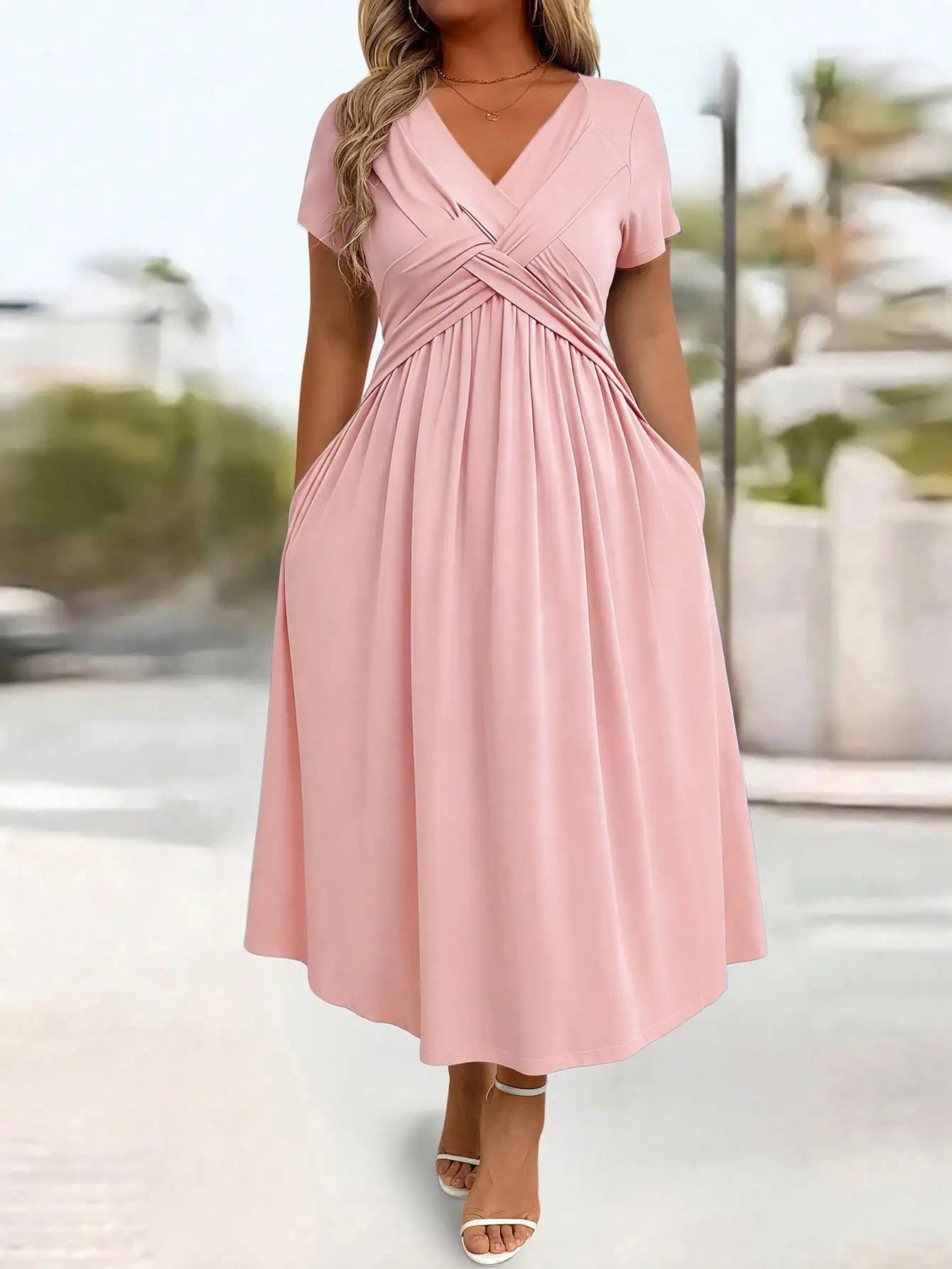 Casual Solid Color Twist Front A-Line Midi Dress For Women