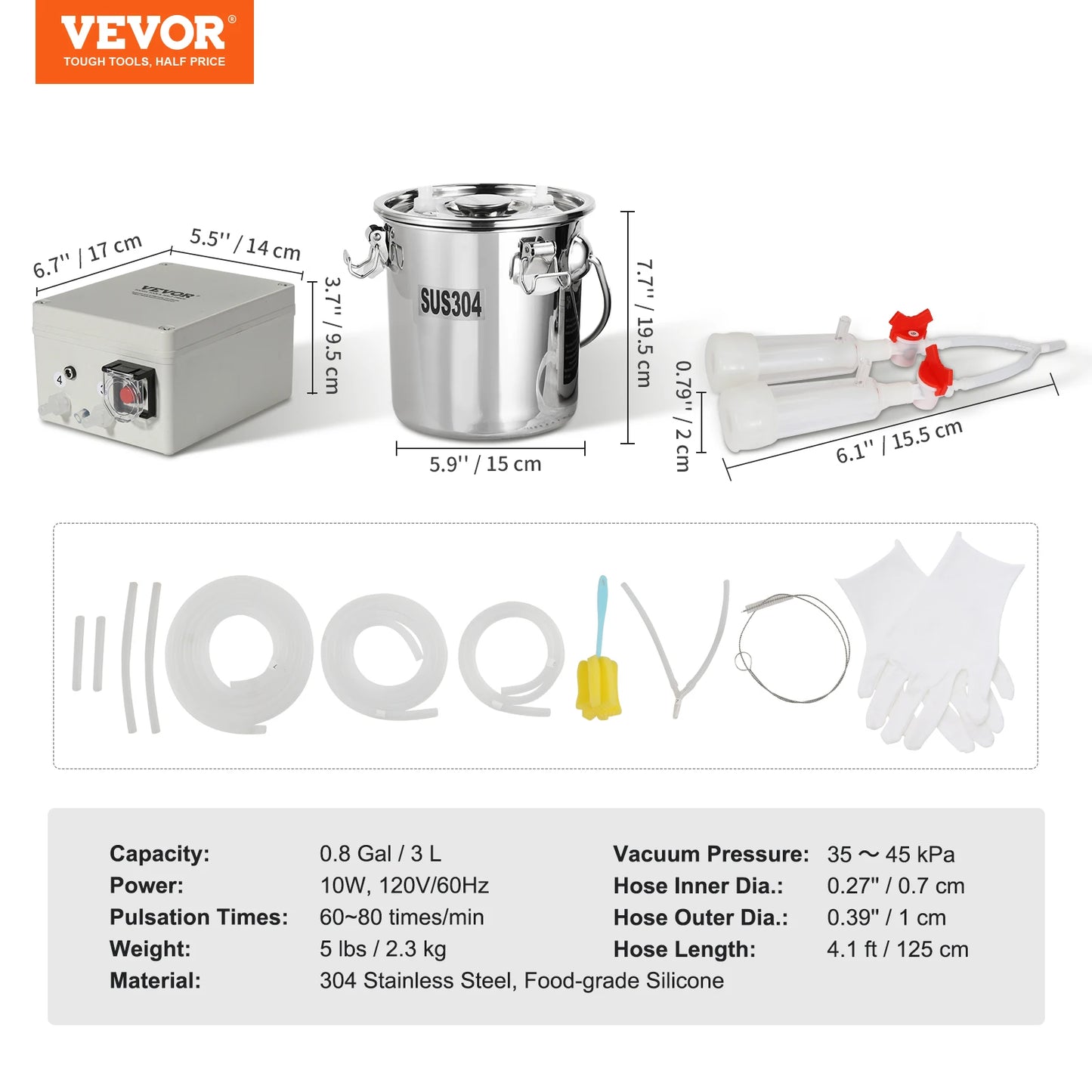 SucceBuy Goat Milking Machine Stainless Steel Bucket Electric Automatic Pulsation Cup Tubes Adjustable Suction for Cow and Sheep